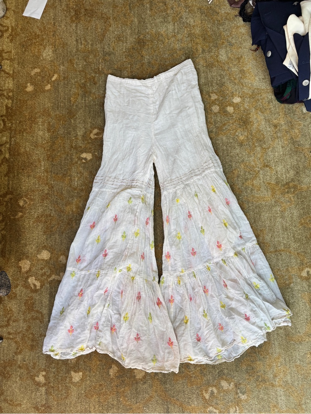 White Tiered Flared Pants with Pink & Yellow Embroidery Bloomer Style